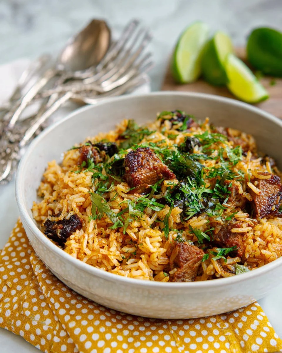 Plate of leftover pulled pork Spanish rice topped with fresh herbs