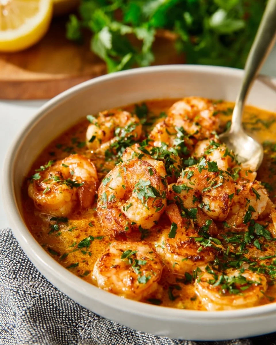 Delicious Lemon Garlic Butter Shrimp served with herbs