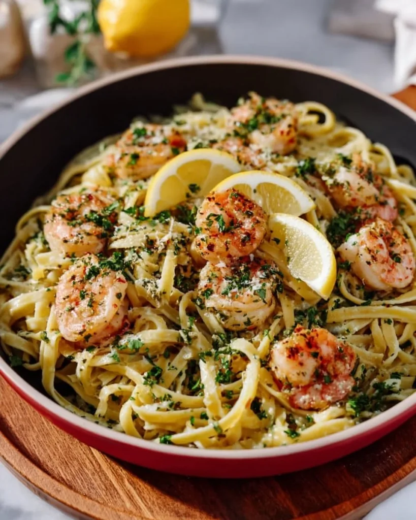 Delicious Lemon Garlic Shrimp Pasta with fresh herbs and a hint of lemon