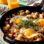 Delicious loaded breakfast skillet with eggs, vegetables, and toppings.