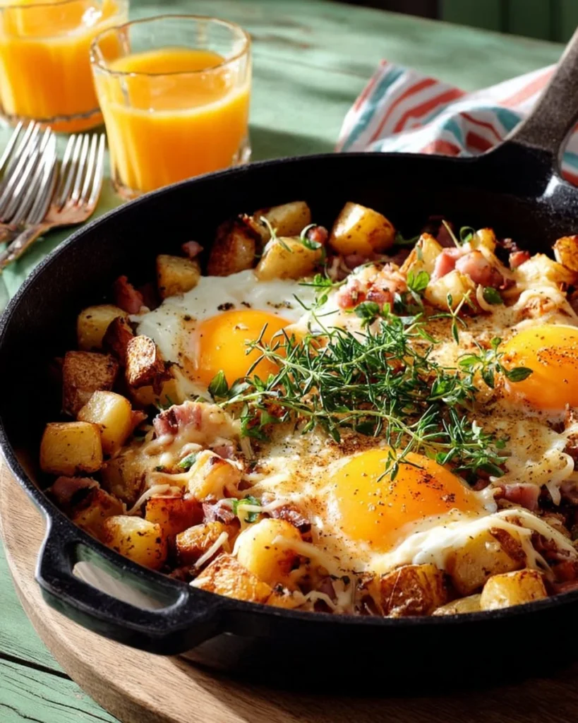 Delicious loaded breakfast skillet with eggs, vegetables, and toppings.