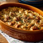 Mamaw's Chicken and Rice Casserole served in a baking dish with herbs