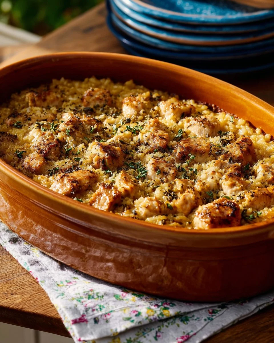 Mamaw's Chicken and Rice Casserole served in a baking dish with herbs