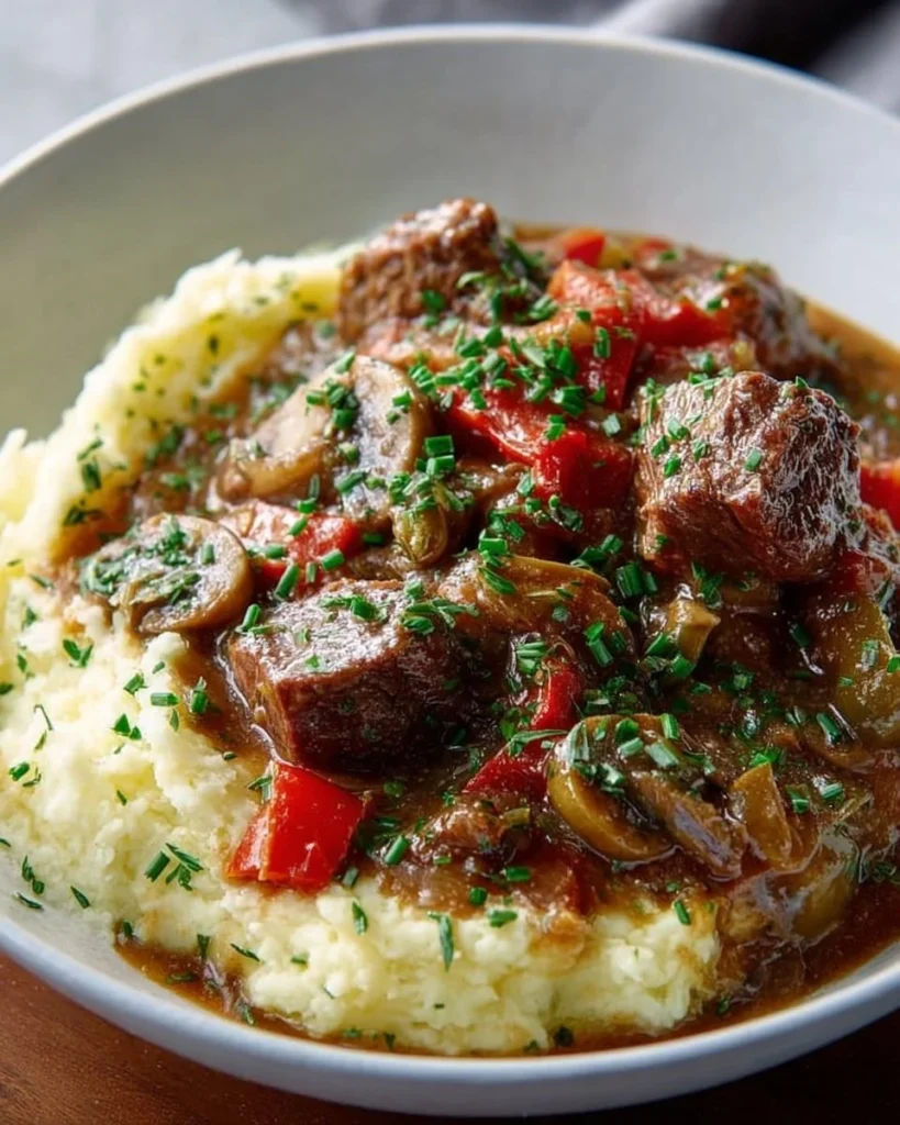 Delicious plate of Mom's Swiss Steak with tender meat and savory sauce