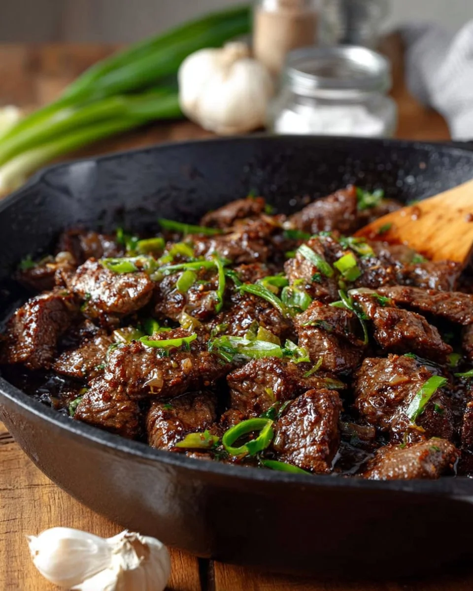 Delicious plate of Mongolian Beef with tender beef slices and savory sauce