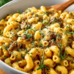 Delicious one-pot cheeseburger macaroni served in a bowl.