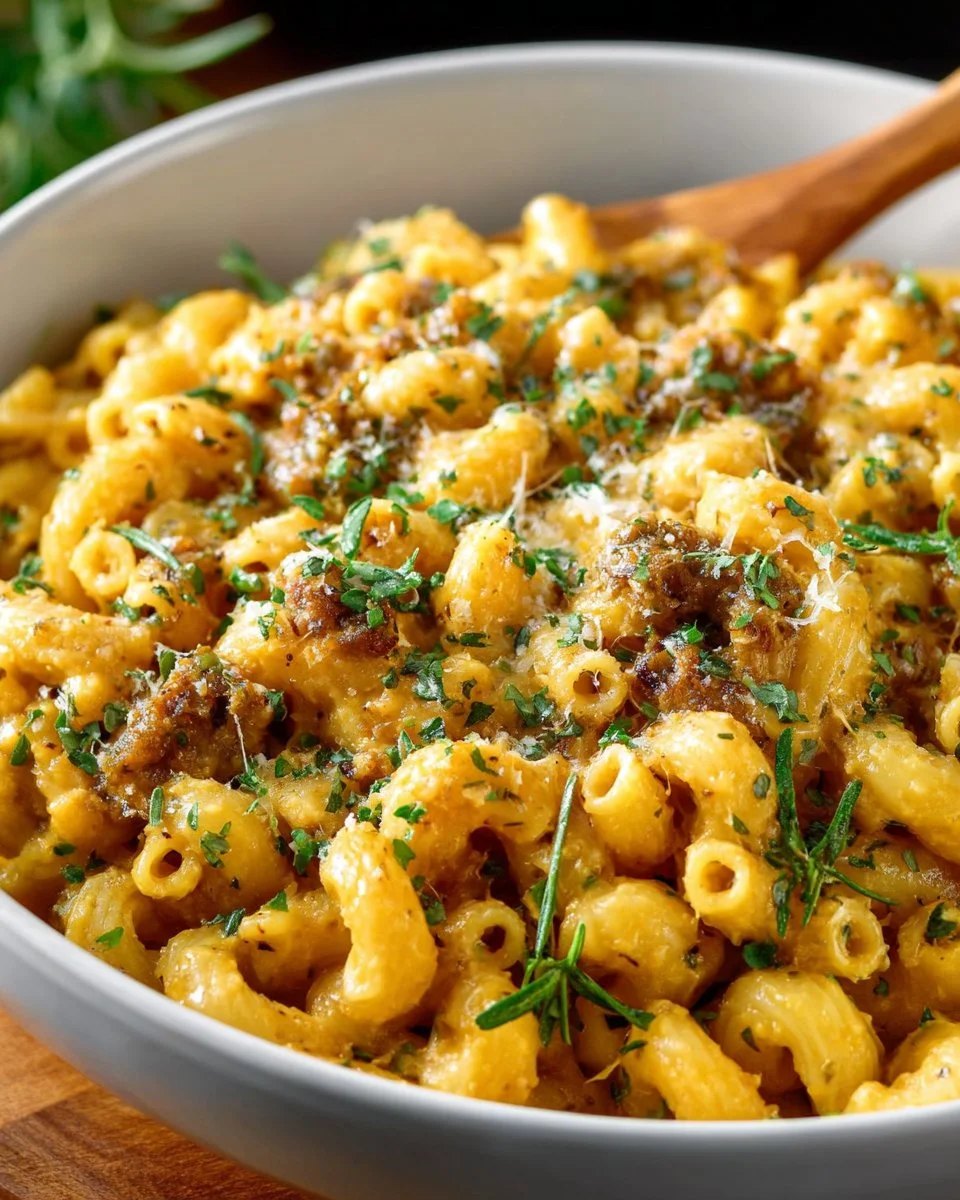 Delicious one-pot cheeseburger macaroni served in a bowl.