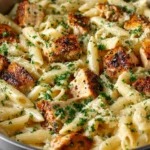 Delicious one pot chicken Alfredo served in a bowl with parsley garnish.