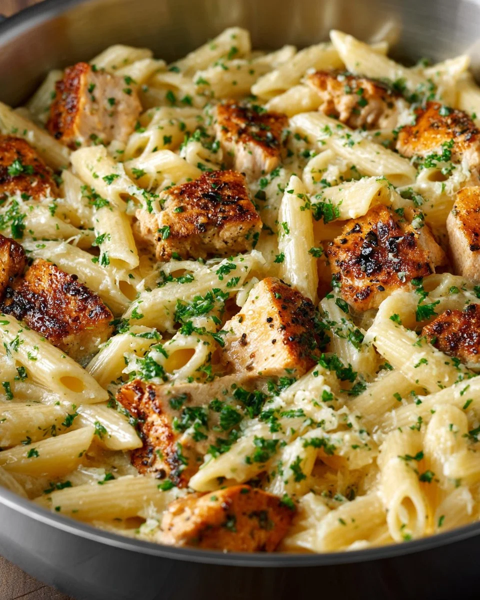 Delicious one pot chicken Alfredo served in a bowl with parsley garnish.