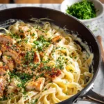 One Pot Chicken Alfredo Pasta dish with creamy sauce and chicken pieces