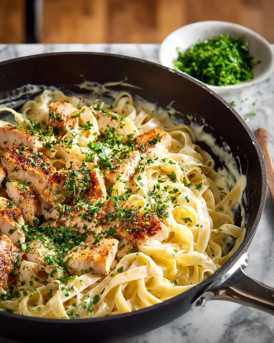 One Pot Chicken Alfredo Pasta dish with creamy sauce and chicken pieces