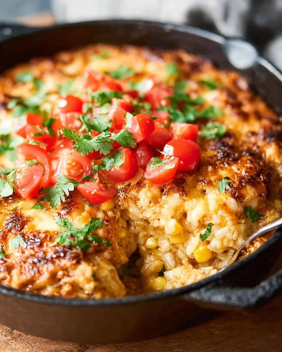 One Pot Chicken Enchilada Rice Casserole in a serving dish with toppings.