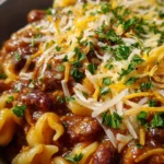 One-pot chili mac and cheese ready to serve in a bowl.