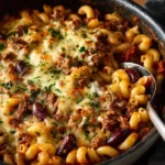 One pot chili mac and cheese with colorful toppings served in a bowl