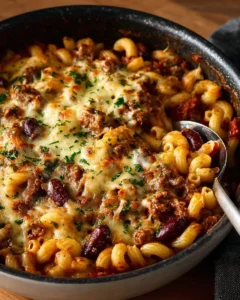 One pot chili mac and cheese with colorful toppings served in a bowl
