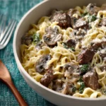 One-Pot Creamy Beef Stroganoff served in a skillet with noodles and mushrooms