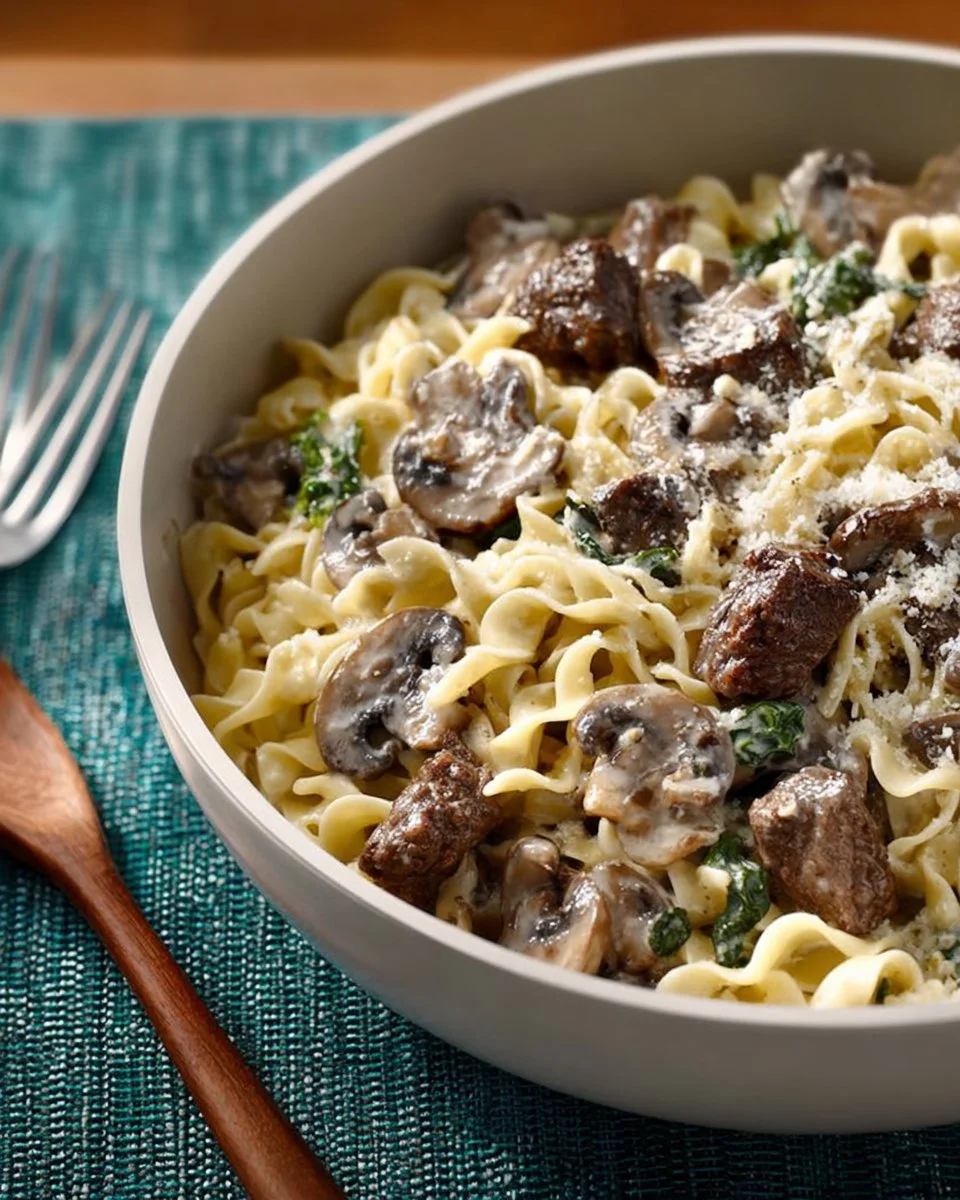 One-Pot Creamy Beef Stroganoff served in a skillet with noodles and mushrooms