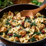 One pot creamy pasta with chicken, sun dried tomatoes, and spinach served in a bowl.
