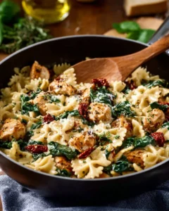 One pot creamy pasta with chicken, sun dried tomatoes, and spinach served in a bowl.