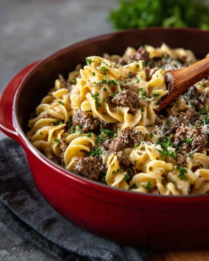One Pot Ground Beef Stroganoff served with creamy sauce and pasta