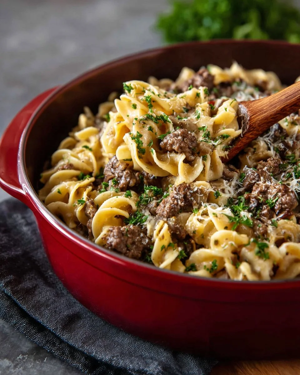 One Pot Ground Beef Stroganoff served with creamy sauce and pasta