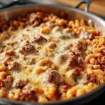 One-skillet cheesy beef macaroni dish ready to serve.