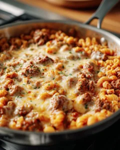 One-skillet cheesy beef macaroni dish ready to serve.