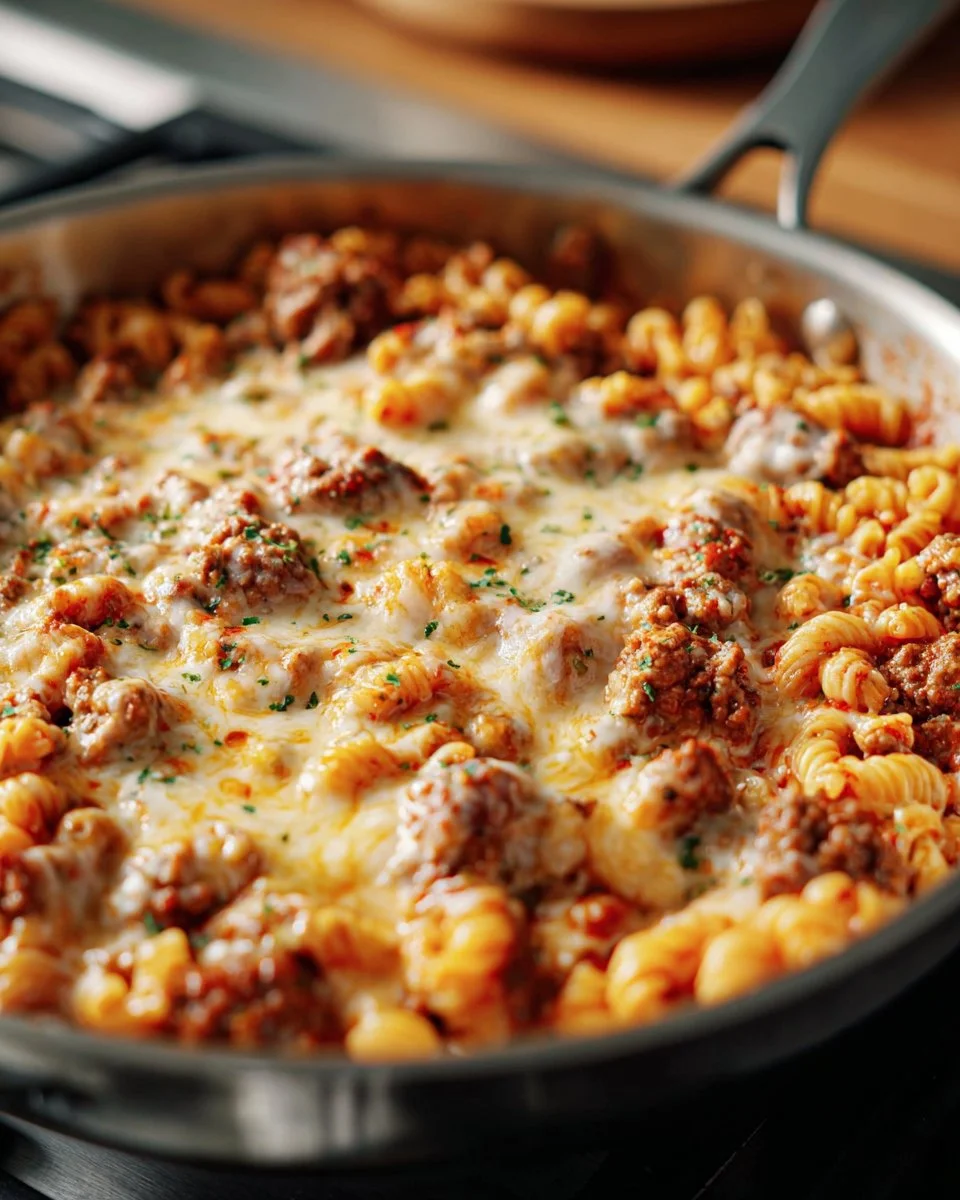 One-skillet cheesy beef macaroni dish ready to serve.