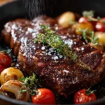 Delicious pan-seared Kansas City Strip Steak on a plate