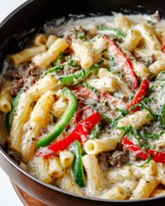 Philly Cheesesteak Pasta dish served with cheese and peppers