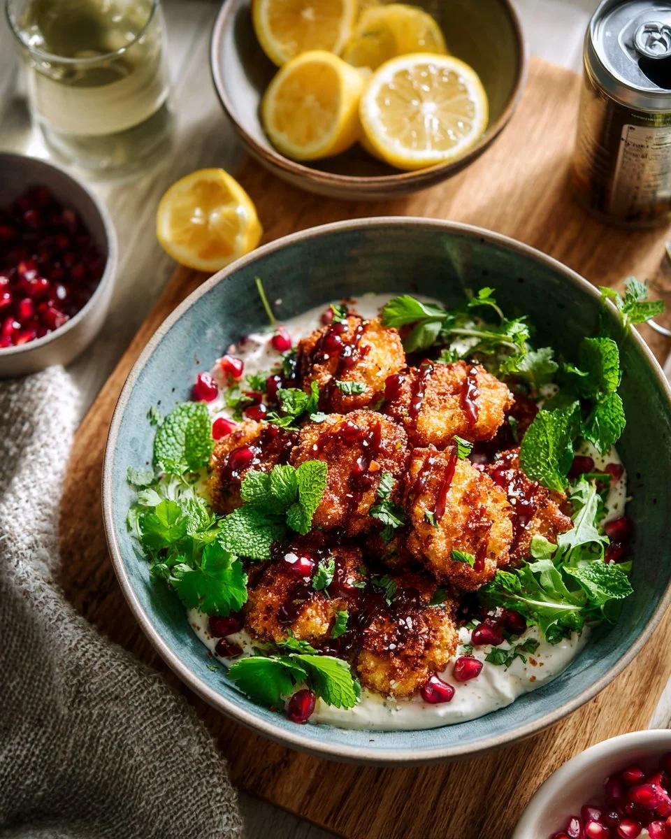 Pomegranate cauliflower wings served with herbed labneh on a plate