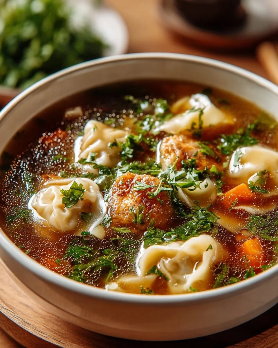 Delicious bowl of homemade potsticker soup with dumplings in broth
