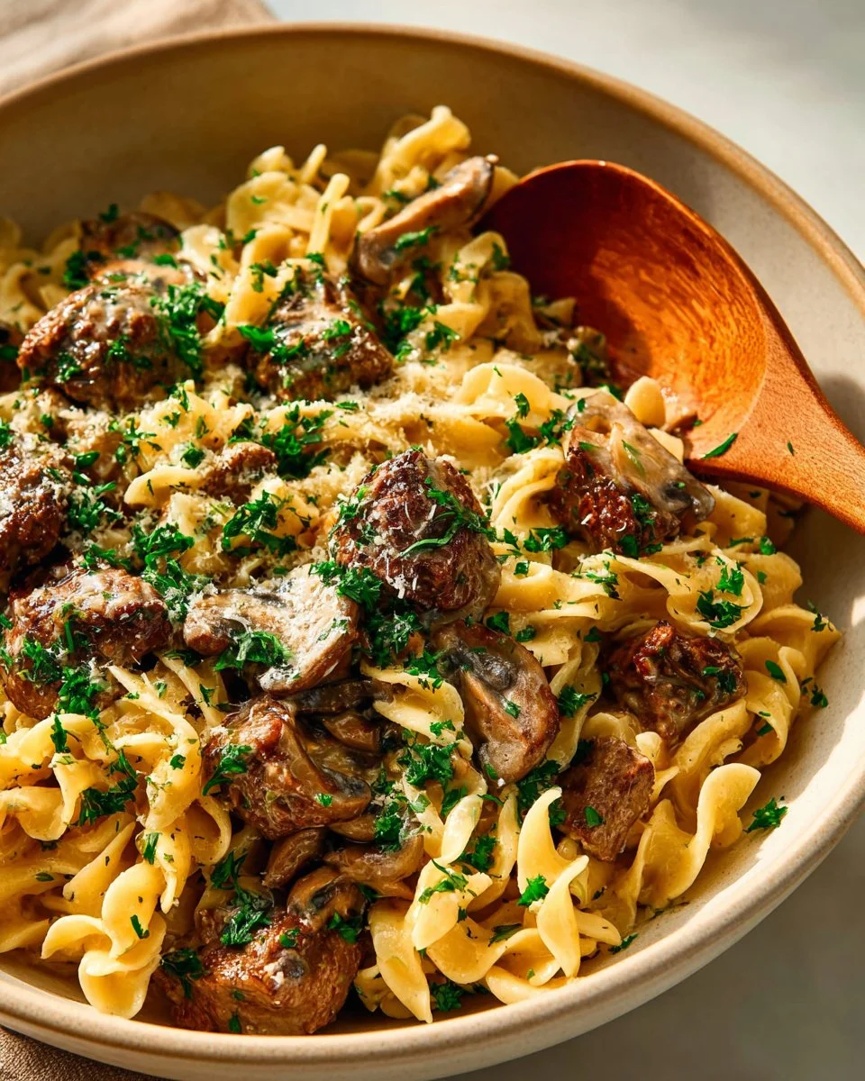 Delicious quick beef stroganoff served on a plate with fresh parsley garnish.