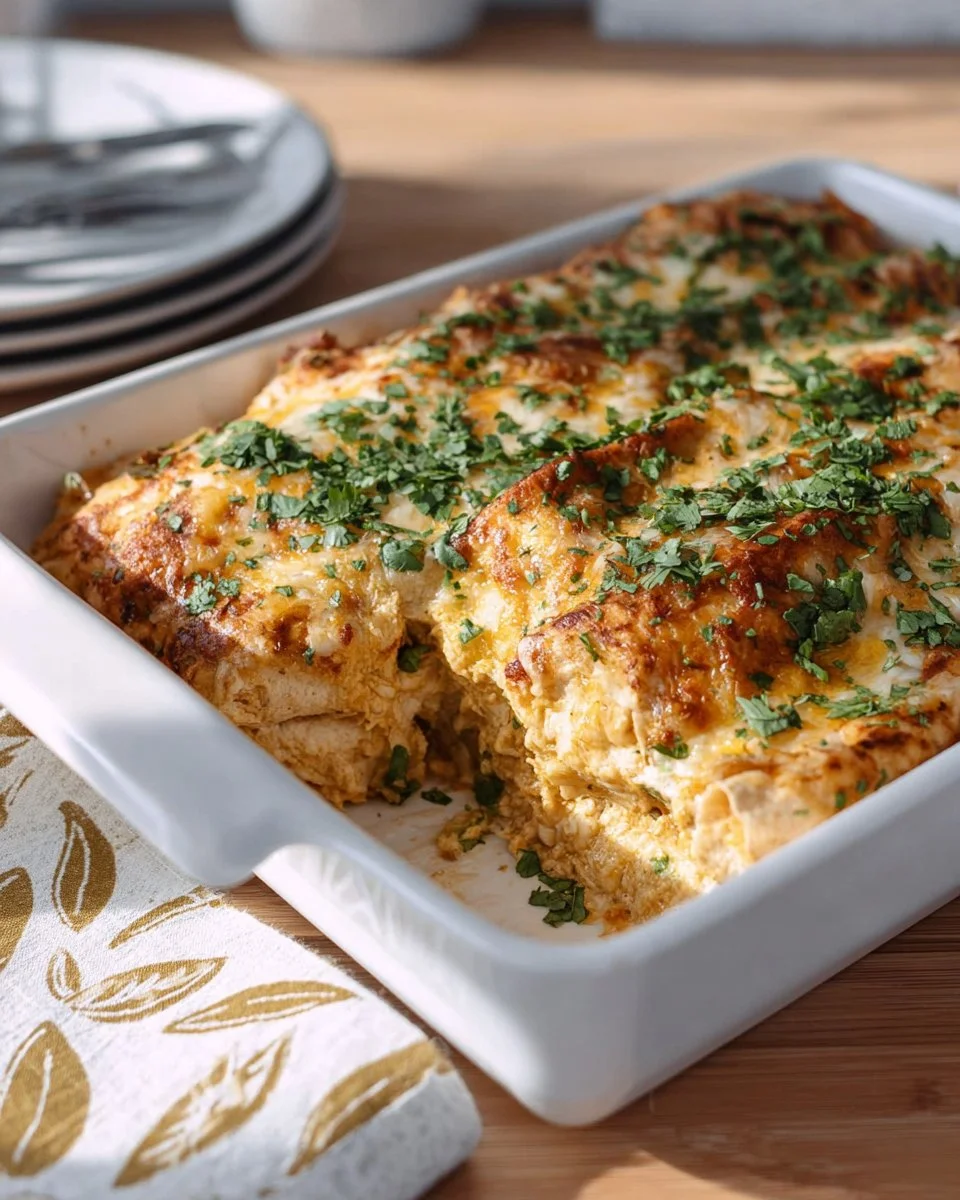 Delicious quick chicken enchilada casserole served on a plate