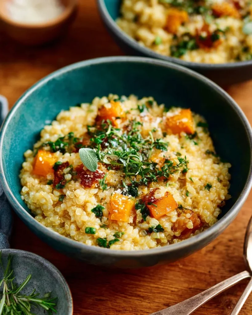 Creamy roasted butternut squash risotto topped with fresh herbs and parmesan.