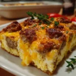 Sausage Egg and Cheese Breakfast Casserole baked in a dish, ready to serve.