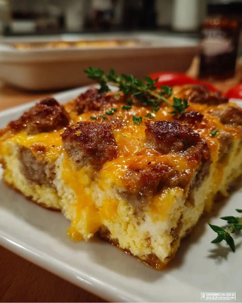 Sausage Egg and Cheese Breakfast Casserole baked in a dish, ready to serve.