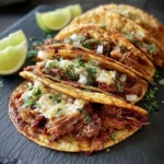 Savory pulled pork tacos topped with fresh ingredients.