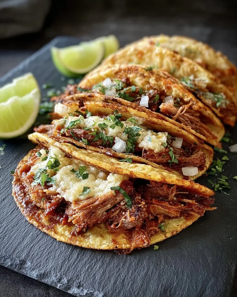Savory pulled pork tacos topped with fresh ingredients.