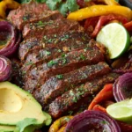 Sheet pan steak fajitas ready to serve with peppers and onions.