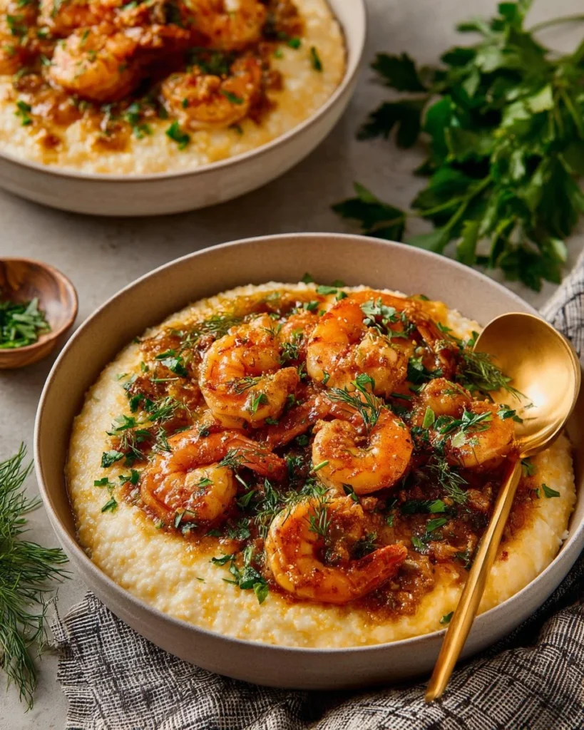 Delicious shrimp and grits served in a bowl with garnish