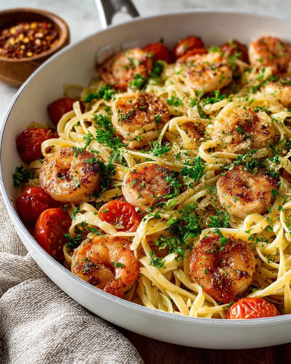 Delicious shrimp pasta with garlic butter sauce served in a bowl