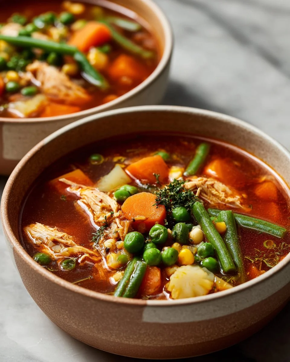 Bowl of simple chicken vegetable soup with fresh ingredients