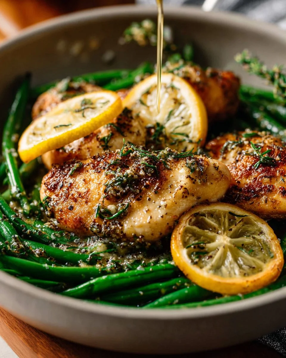 Skillet Garlic Lemon Butter Chicken served in a pan garnished with herbs
