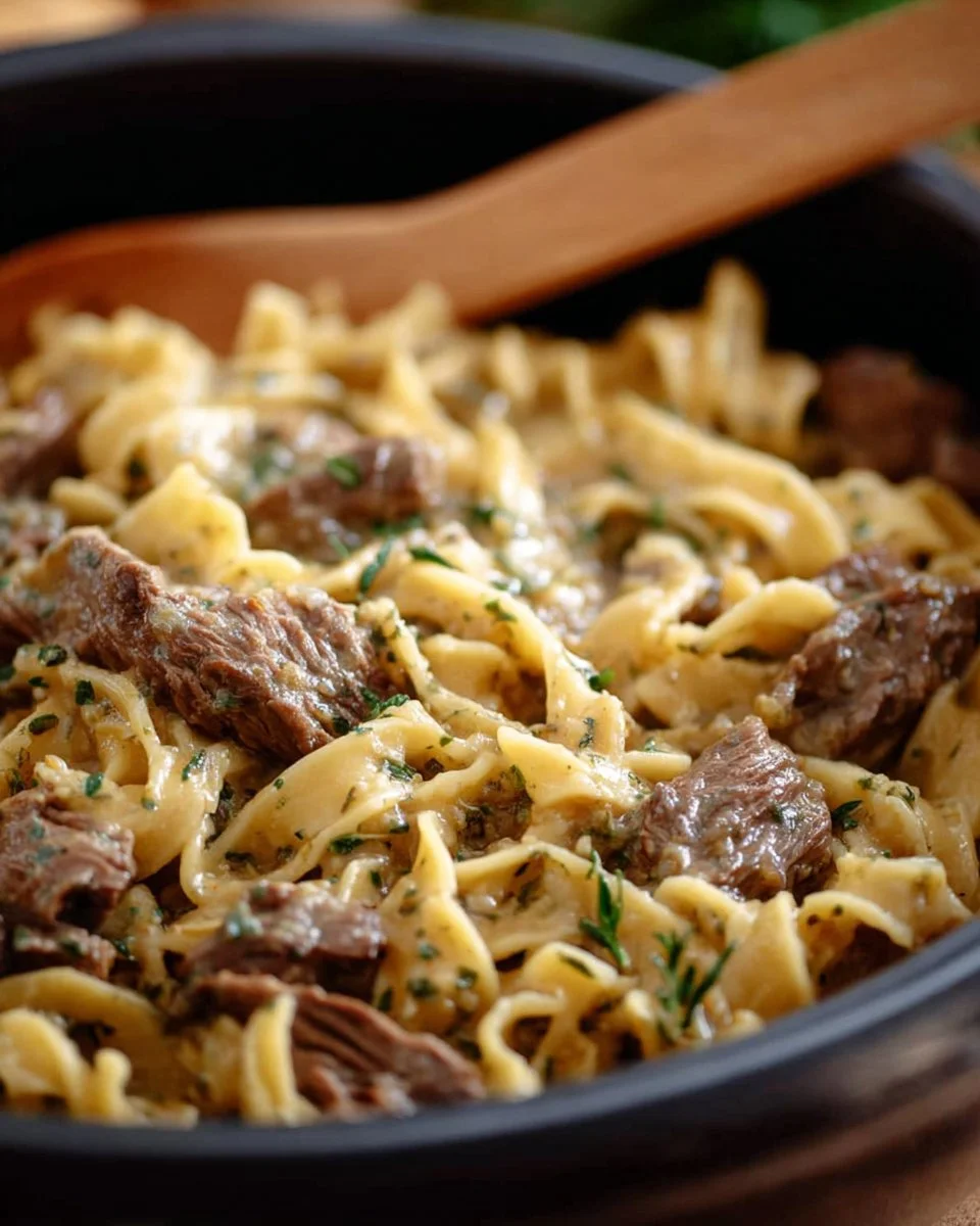 Delicious slow cooker beef noodle casserole served in a bowl