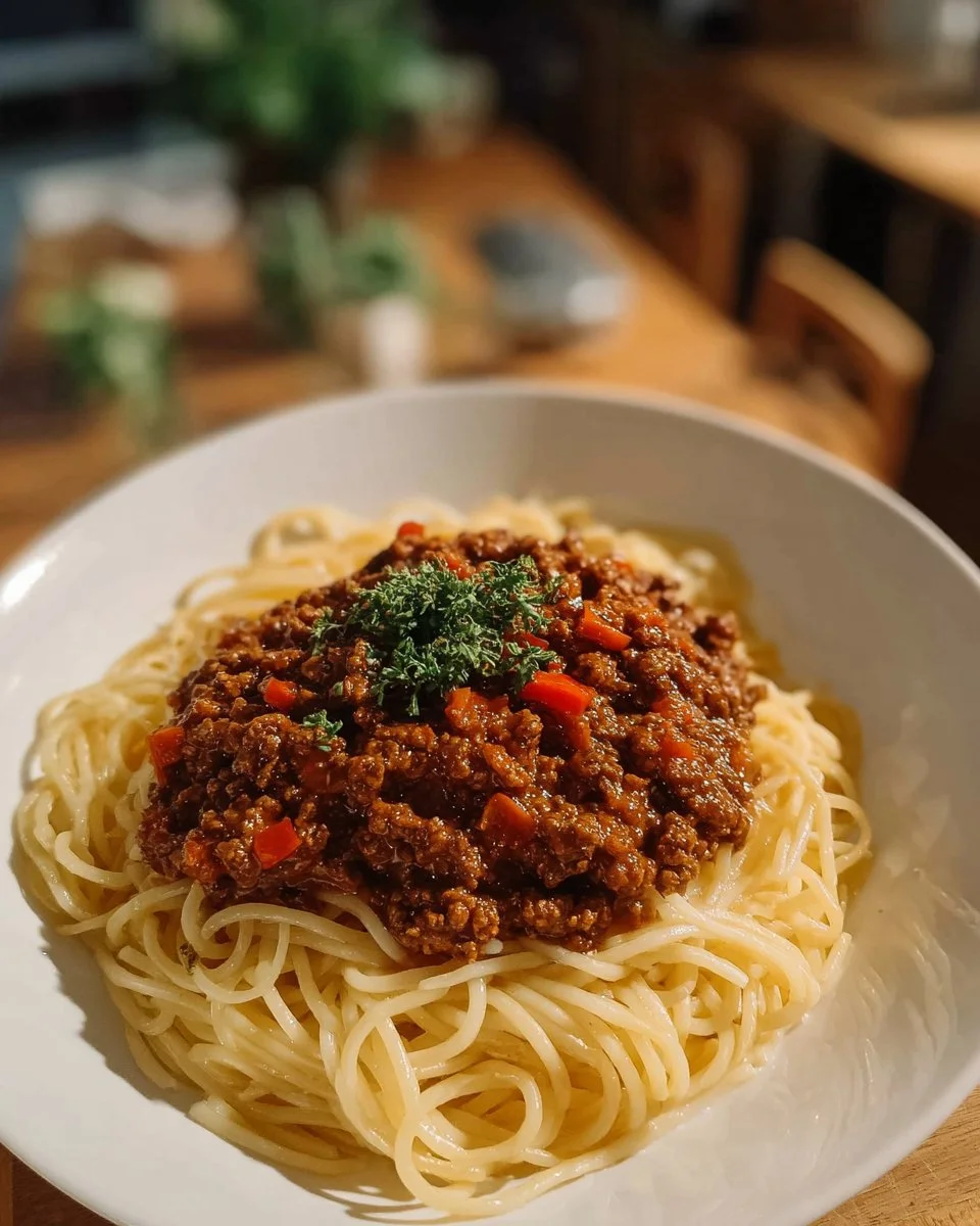 Delicious slow cooker Bolognese sauce served over pasta.