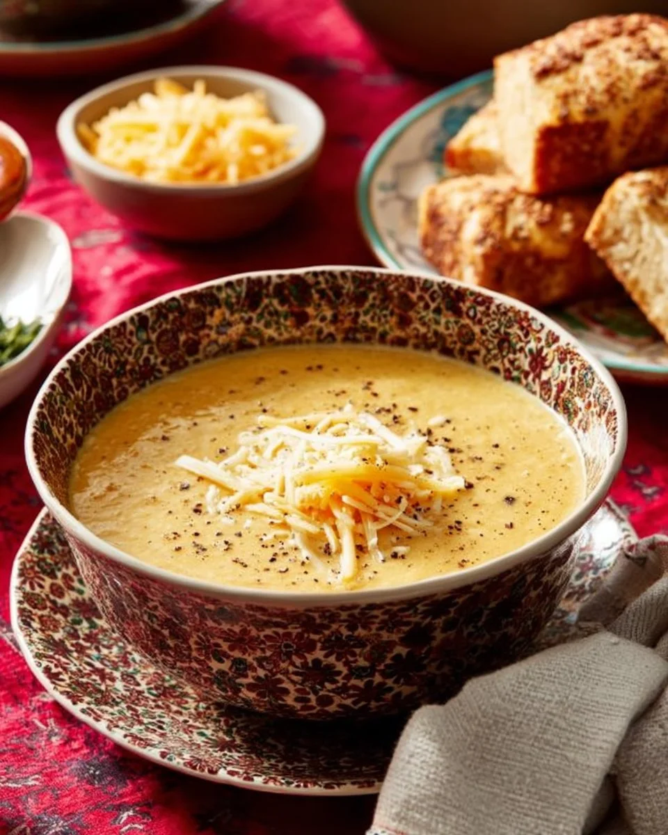 Bowl of slow cooker broccoli cheese soup topped with shredded cheese and broccoli florets