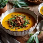 Spiced butternut squash soup topped with cheddar cheese and granola in a bowl.