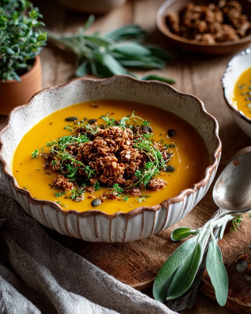 Spiced butternut squash soup topped with cheddar cheese and granola in a bowl.