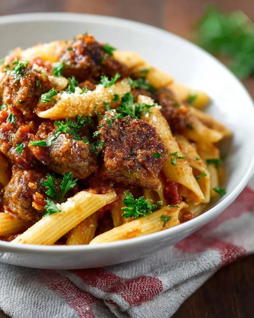 Delicious Spicy Italian Sausage Marinara Pasta served in a bowl